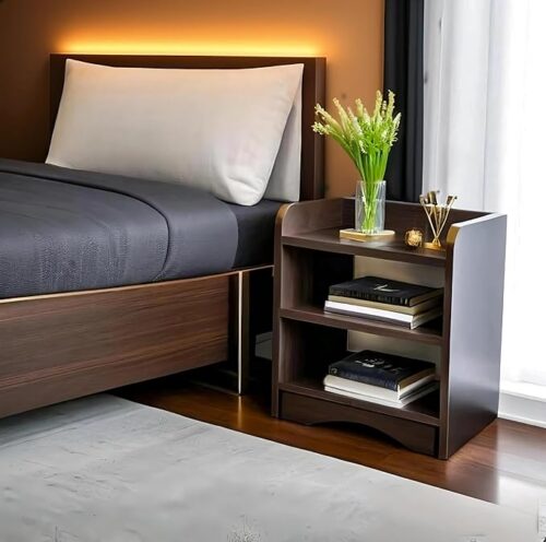 Modern bed side table wooden with 3 shelves, dark brown finish, versatile for bedroom, living room, or as end/side table