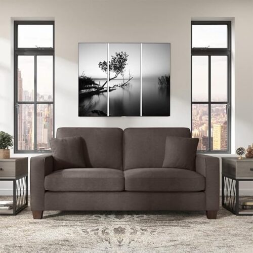 Elegant 2-seater sofa with solid wood frame, high-density foam cushions, and premium fabric upholstery in neutral tones, perfect for modern living room design, bedrooms, offices, and lounges."