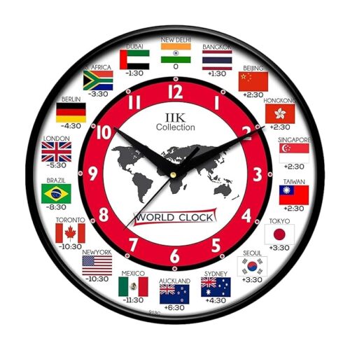 IK COLLECTION 12-inch multicolor round wall clock, plastic frame with glass face, clear numbers, ideal for home, kitchen, living room, bedroom, and office décor.world time clock