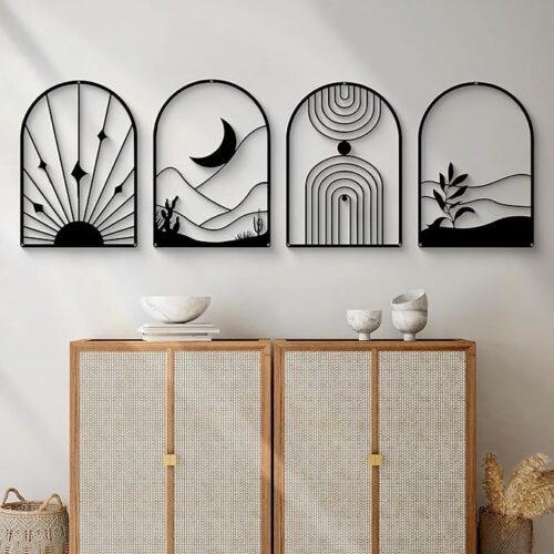 "SHILP HANDICRAFT 4-pack boho abstract art above bed, minimalist geometric line sun, moon, arch, and leaf, 3D textured wall sculptures for bedroom and living room."