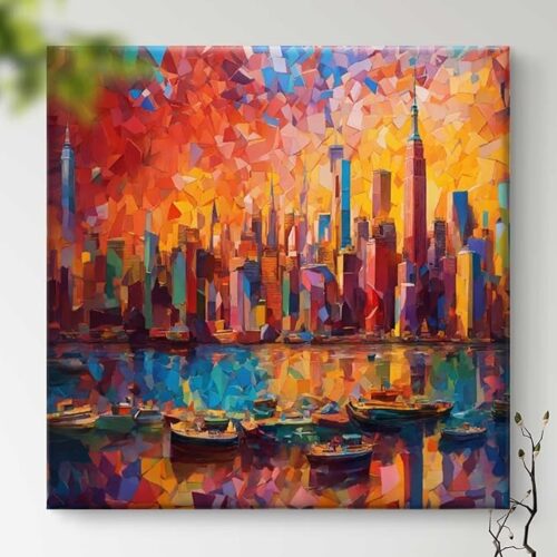 Livin'luxe Modern New York Skyline Canvas Wall Art, colourful abstract cityscape with harbour view, perfect boho art painting for living room or home décor.
