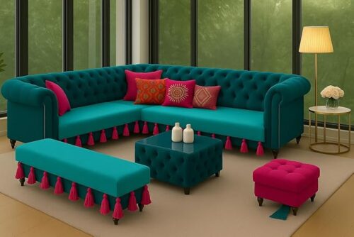 Luxurious teal l shaped couch set with deep button tufting, pink tassels, and colorful cushions, perfect for corner sofa and vibrant living room design