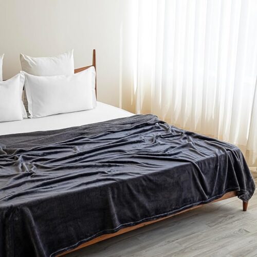 Alt text: "HOMEMONDE premium plush solid Dohar/AC Blanket, 220 GSM, reversible lightweight single bed blanket in grey, cozy and soft for bed, sofa, couch, travel, and camping."