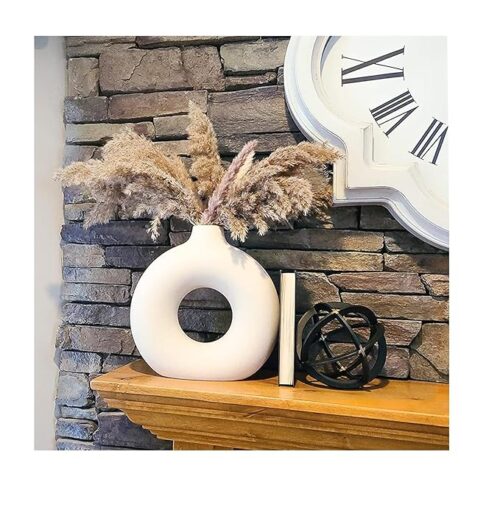Decoration vases home 6-inch white ceramic donut vase, modern design for pampas grass, dried flowers, and stylish home or office centerpiece