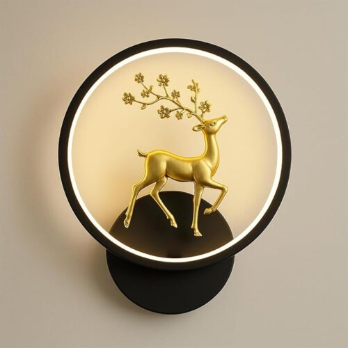 A deer-themed wall lamp featuring LED wall sconce lights with a detailed deer motif on a round, wall-mounted base
