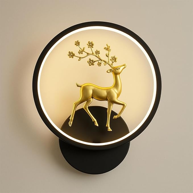 A deer-themed wall lamp featuring LED wall sconce lights with a detailed deer motif on a round, wall-mounted base