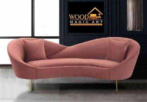 WOOD MAGIC ART modern 3-seater orange sofa with wooden base, elegant design for drawing room, bedroom, or office interior decor.