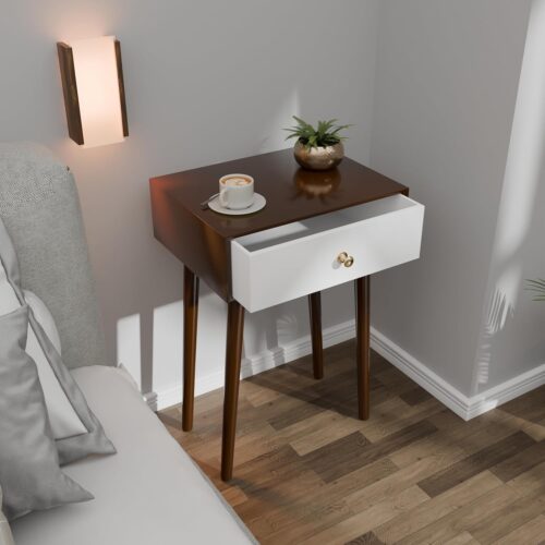 Modern wooden side table with drawer, solid mango wood legs, brown and white finish, stylish nightstand for bedroom, living room, or office storage.
