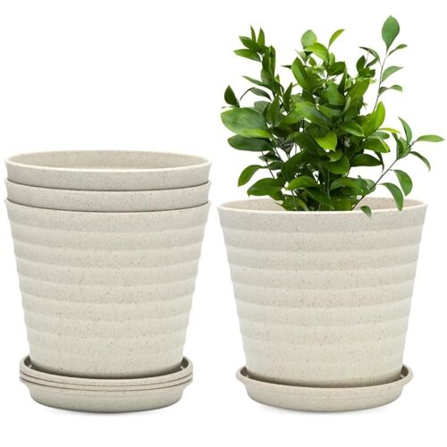 A modern and stylish set of four bamboo-based pots for plant with a sand castle finish, suitable for indoor and outdoor use.