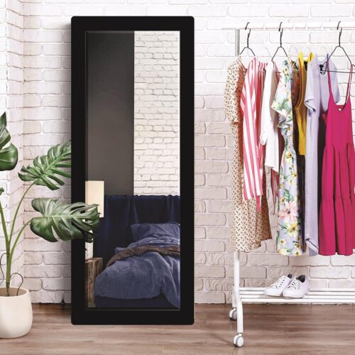 Elegant 15x40 inch black rectangular full length mirror with fiber wood frame, wall-mounted, adding style and depth to home décor.
