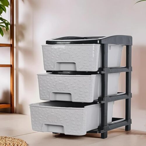 Kuber Industries 3-Layer plastic drawer storage organizer in kitchen cupboard design black and grey, ideal as a durable kitchen storage rack or modular kitchen cupboard design for tidy organization.