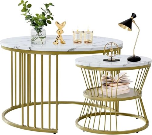 modern round coffee table set of 2 with black and white marble veneer tops and sturdy metal frames, perfect for living room interior design.