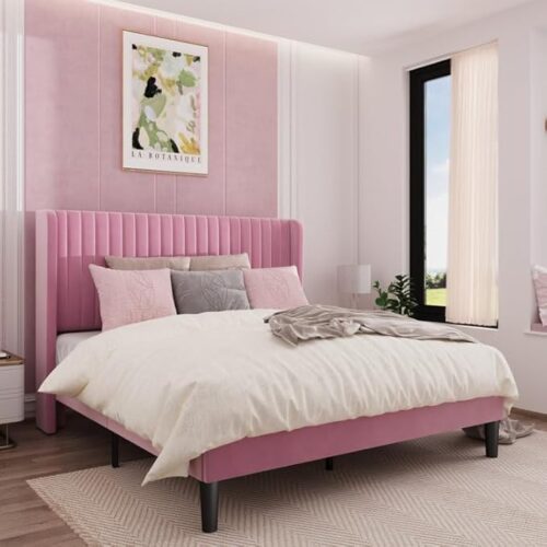 King size sheesham wood upholstered bed with suede headboard, perfect for room interior design bedroom décor.