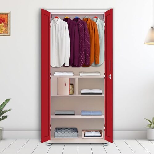 Triveni GOMTI-2 2-door premium almirah design for room wardrobe in metallic finish, featuring dual locks, multiple shelves, hanging hooks, and integrated key pouch, ideal for organized simple bedroom design.