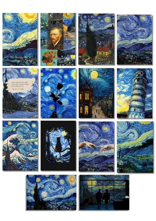 Set of 14 Starry Night-inspired wall posters by Funk You Store, featuring vibrant swirling patterns for bedrooms, offices, or living rooms – painting Starry Nights.