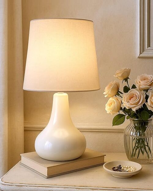 Modern table lamp with ceramic base and white fabric shade, warm white light lamp for bedroom bedside décor