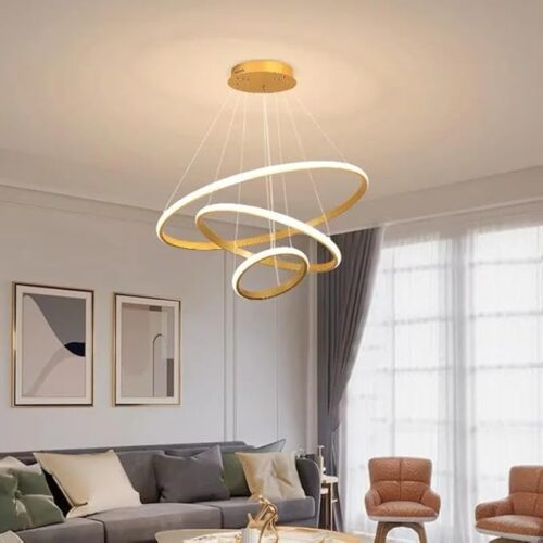 Elegant Modern Chandelier ring with multiple illuminated rings, suspended from a sleek ceiling mount. Perfect for enhancing dining spaces with a stylish and contemporary touch.
