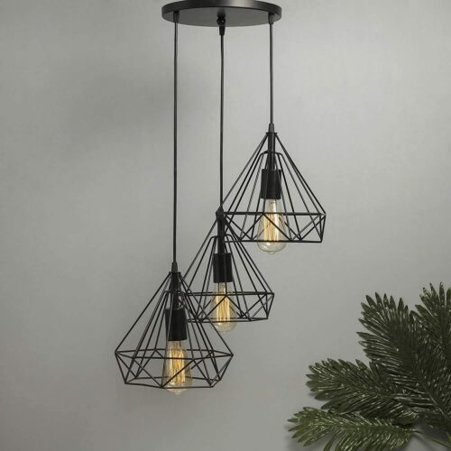 Modern Diamond Shape Ceiling Light fixture with three pendant lamps, perfect for dining areas. The sleek black metal design adds elegance and warmth to any space.