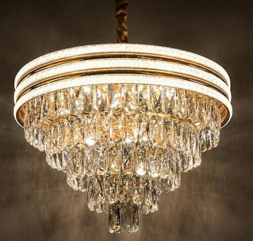 DesiDiya 400MM Golden Modern Chandelier Lights for Ceiling Living Room 3 Led Tube Layered K9 Crystal Antique Jhumar Light for Hall Decoration, Luxury Ceiling Fixture Light for Living Room, Dining Room